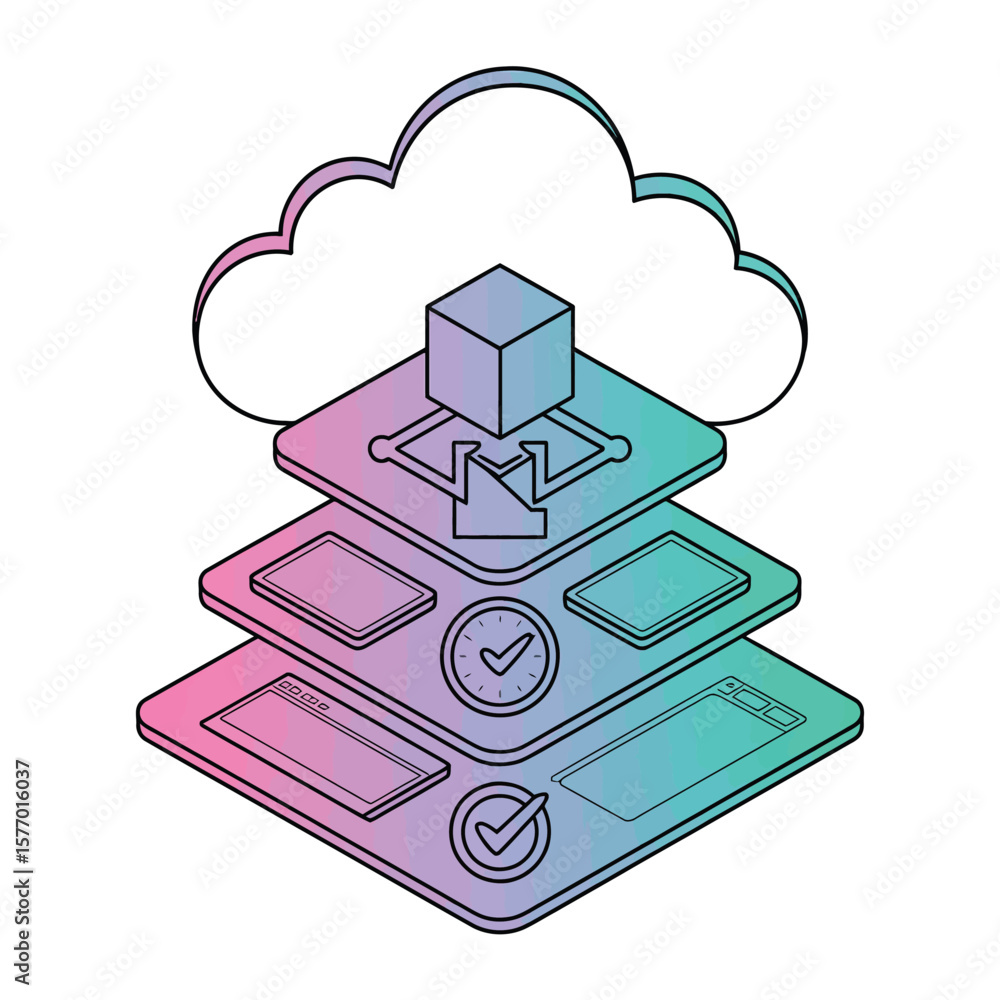 Poster isometric illustration teal pink gradient cloud data backup system restore process data layers table