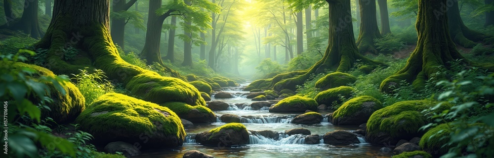 Poster serene forest stream scene. light green water flows from left to right. dark green trees and foliage