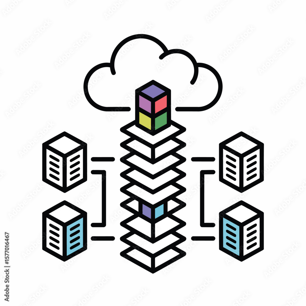 Poster isometric networked data cubes illustration colorful multicolored cubes connected cloud server data 