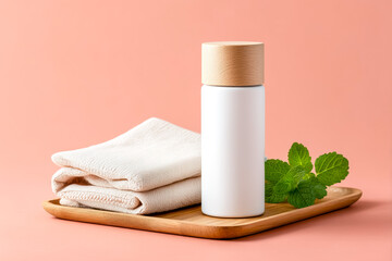 Stylish water bottle, wooden cap, soft towels, mint leaves on a wooden tray against a pink background, perfect for wellness themes.