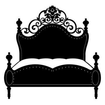 recommend clip art: Ornate vintage bed silhouette with plush bedding ornate headboard