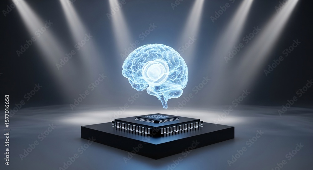 Poster futuristic concept image depicting a glowing blue digital human brain floating above a high-tech com