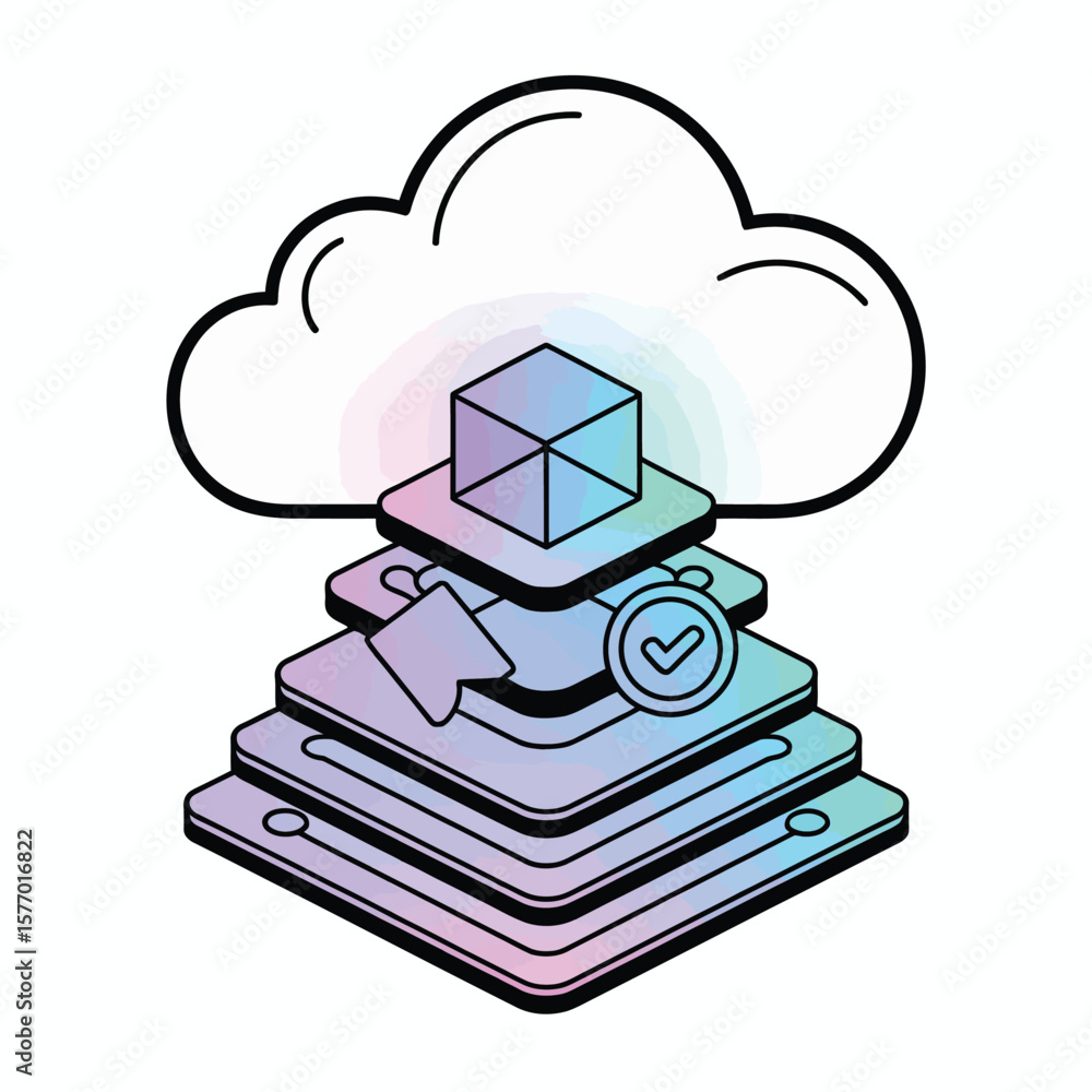 Poster isometric pastel rainbow cloud data cube system restore process illustration showing stacked data la