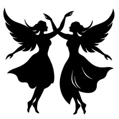 Two dancing angels silhouette black white