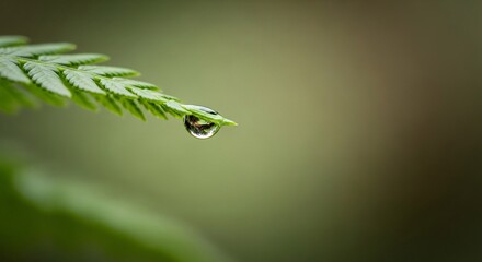 A single perfect water droplet clings to the tip of a vibrant green fern frond with a blurred background a macro shot symbolizing purity and clarity