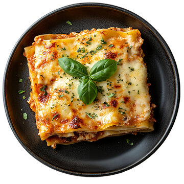 Top view of a delicious looking lasagna with ground turkey on a dark stoneware plate isolated on a white background, well lit, sharp focus, food photography style.