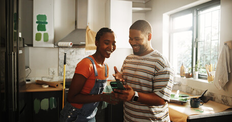 Smile, black couple and phone for painting new house for planning, renovation and interior design....