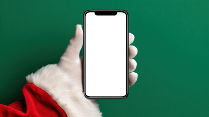 A Christmas social media mockup, Santa hand holding smartphone with blank screen. isolated on green background. 3d illustration.