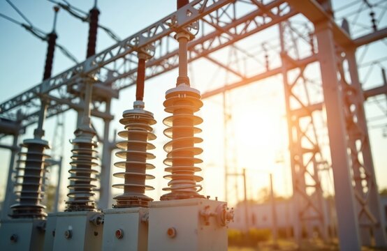 Electrical power plant under sunset hues. Rectangular transformers in industrial setting. Large metal structure, silhouetted trees add depth. Wires connect transformers. Golden light on metal,