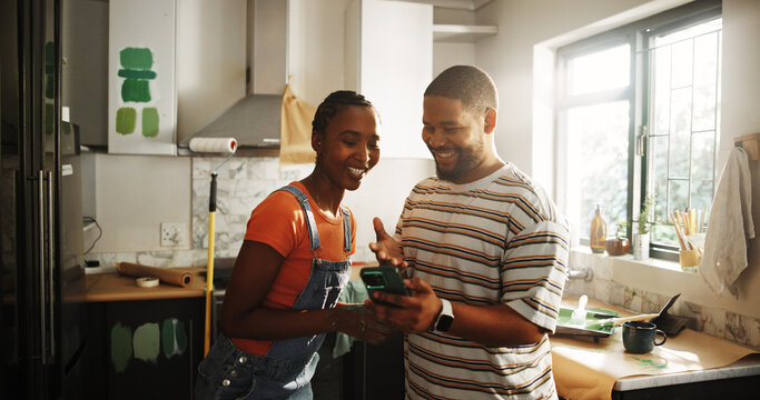 Smile, black couple and phone for painting new house for planning, renovation and interior design. Happy, people and mobile with online inspiration, remodeling ideas and diy project for home makeover