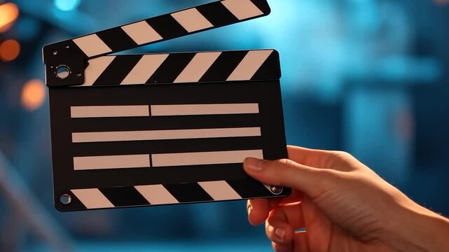 A hand holds a film clapperboard, indicating the start of a movie scene.