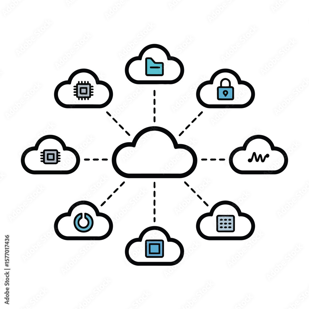 Poster light blue and black cloud computing network diagram data storage security processing components con