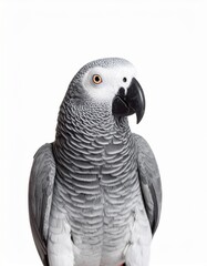 Obraz premium Majestic African Grey Parrot Portrait Against White Background.