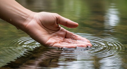 A caucasian man's hand gently touches the calm surface of a lake or pond creating delicate ripples a concept of connection with nature and serenity