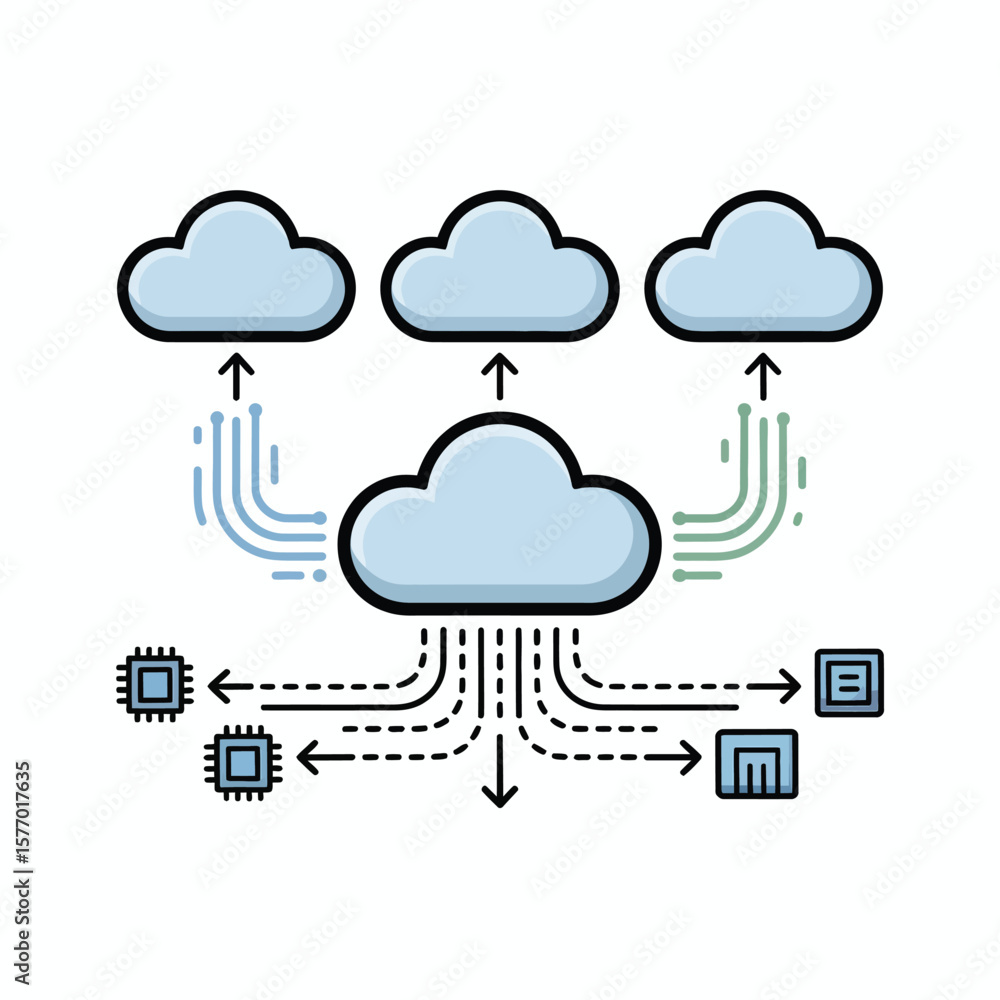 Poster light blue cloud computing system illustration data transfer three smaller clouds connected central 
