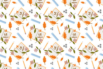 Seamless pattern. Flat vector with colorful set of school or office items on white background. Back to school set with pen, notebooks and autumn leaves.