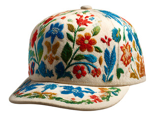 White baseball cap with colorful floral embroidery isolated on transparent background