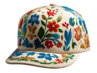 White baseball cap with colorful floral embroidery isolated on transparent background