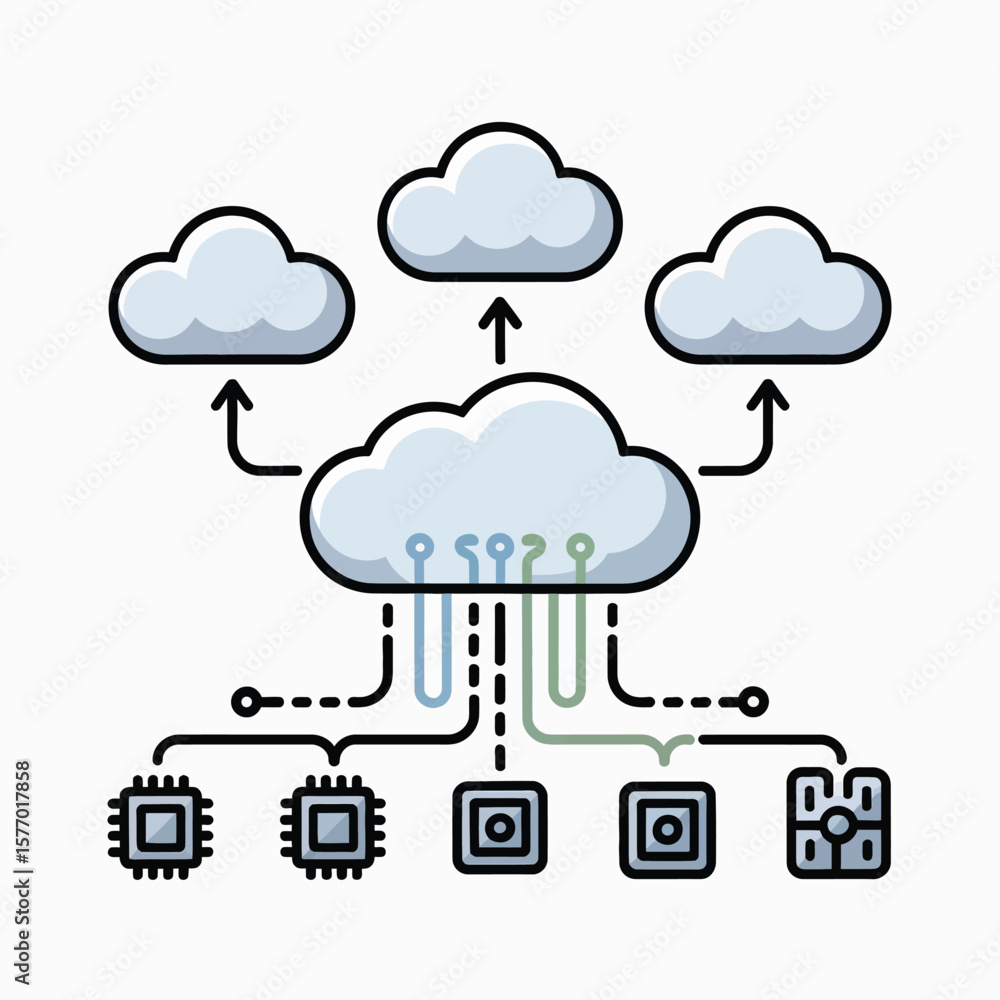 Poster light blue cloud servers data transfer to dark gray computing devices via central cloud server illus