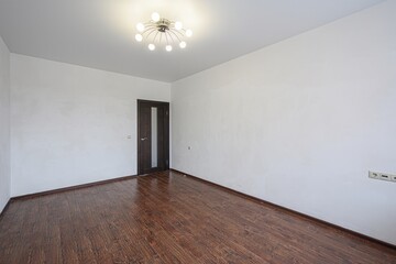 Empty room with hardwood floor, white walls, and a modern ceiling light. Dark wood door on the right