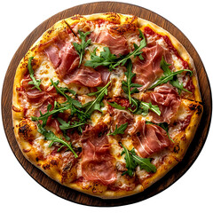 Top view of a delicious looking pizza with prosciutto and arugula on a dark wooden pizza board isolated on a white background, well lit, sharp focus, food photography style.