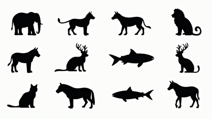 Obraz premium Collection of animal silhouettes including an elephant, lion, shark, cat, deer, horse, and donkey on a white background.