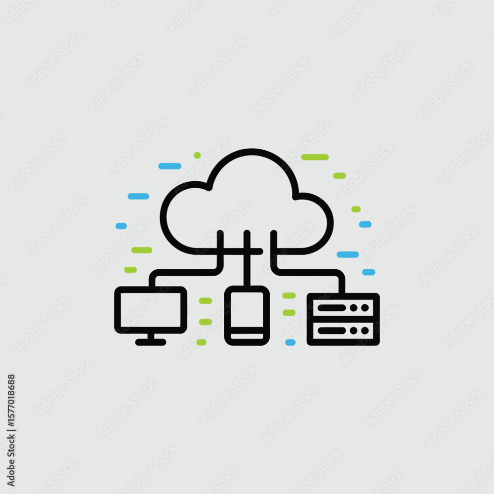 Poster light gray background minimalist vector illustration black outline cloud computing network desktop c