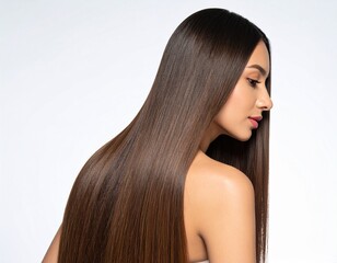 Woman with Long Straight Brown Hair Healthy Shiny Tresses.
