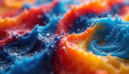 Vibrant colorful candy with colorful swirls and drizzles against gray background. Close-up view of sweet treat with movement and dynamism. Candy is sole focus with no texts or objects.