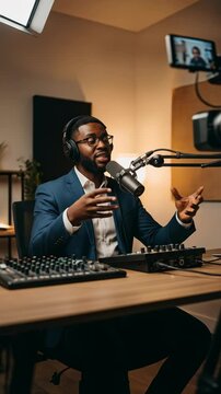 Vertical Video of  Confident Male Professional Podcaster Recording Engaging Audio Content, Broadcasting Insights and Thought Leadership in a Modern Studio Setting
