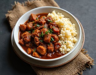 Beef stew in white bowl with parsley garnish. Gray tablecloth and brown leather placemat. Chunks of meat, vegetables, creamy sauce. Traditional South African dish. Close-up of hearty, comforting meal.