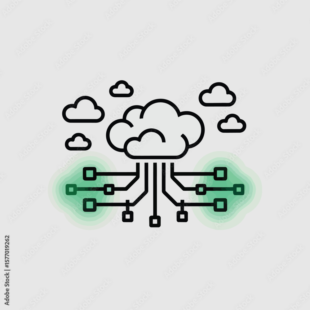 Poster minimalist style black outline cloud computing icon green data network squares light grey background