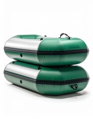 Two Stacked Inflatable Boats Green Silver Adventure Water Sports.