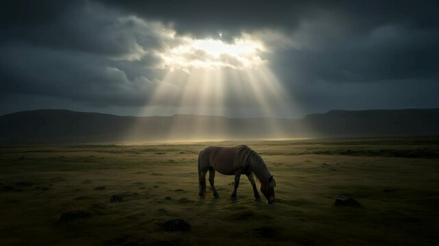 A lone horse grazes peacefully on a green plain under dramatic sun rays piercing through dark clouds.