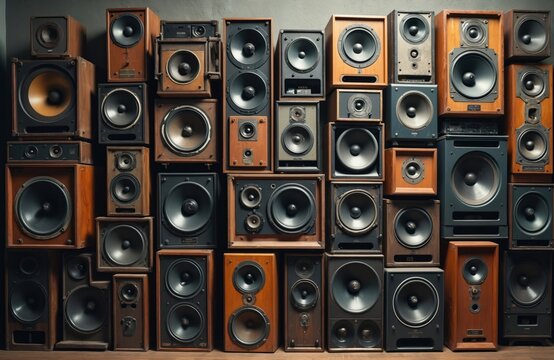 16 vintage monochrome speakers on black surfaces. Brown wood paneling adorns the walls, rustic charm in music room. Cables connect speakers, contrasting with wood panels.