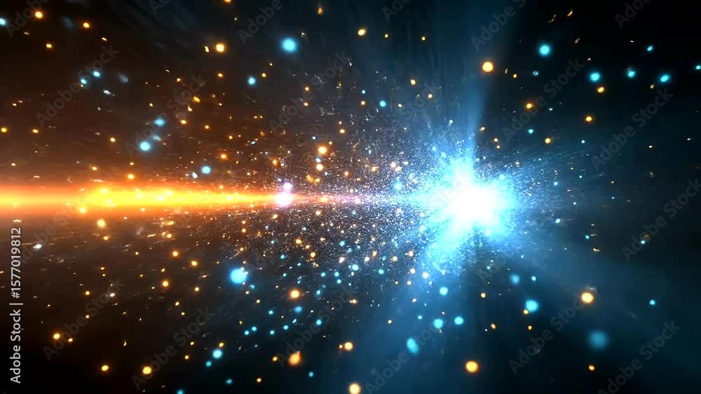 Poster abstract particle flow animation with blue and orange light streaks on black background