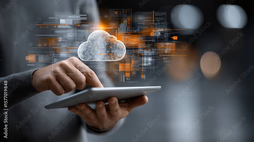 Poster businessman touching digital tablet with cloud computing and data storage technology abstract virtua