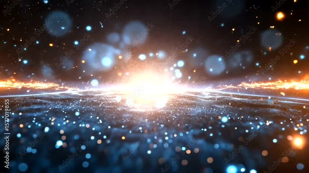 Poster abstract particle explosion with blue and orange light effect in dark background