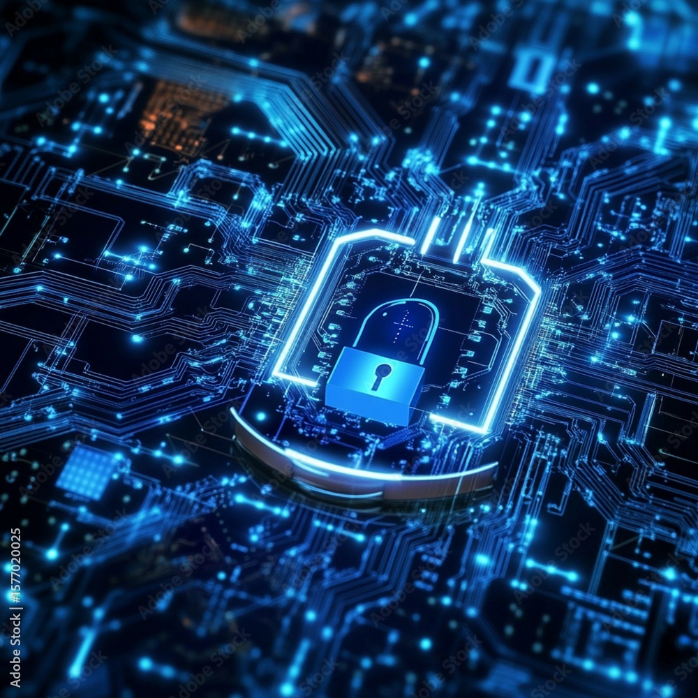 Aufkleber secure data access illustrated with a glowing padlock on a complex blue circuit board, highlighting 
