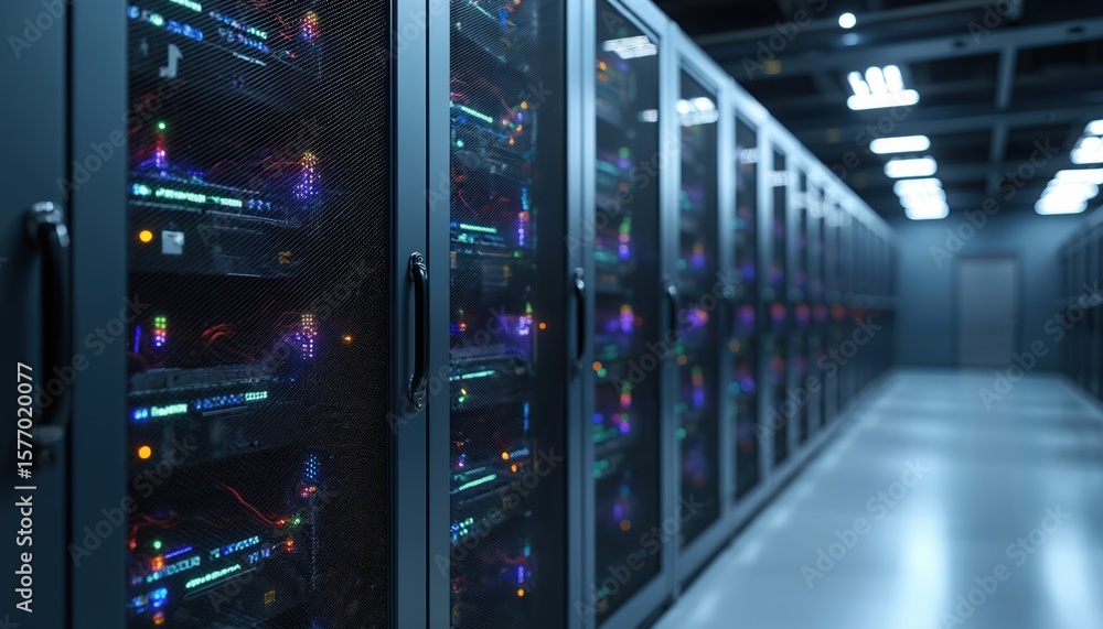 Poster data center network room with rows of black servers against white background. servers with multiple 