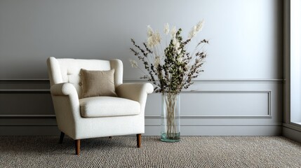 White armchair with beige cushion dried floral arrangement in glass vase gray wall textured carpet