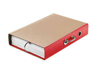 Red and tan office binder with metal ring mechanism and finger hole isolated on transparent background