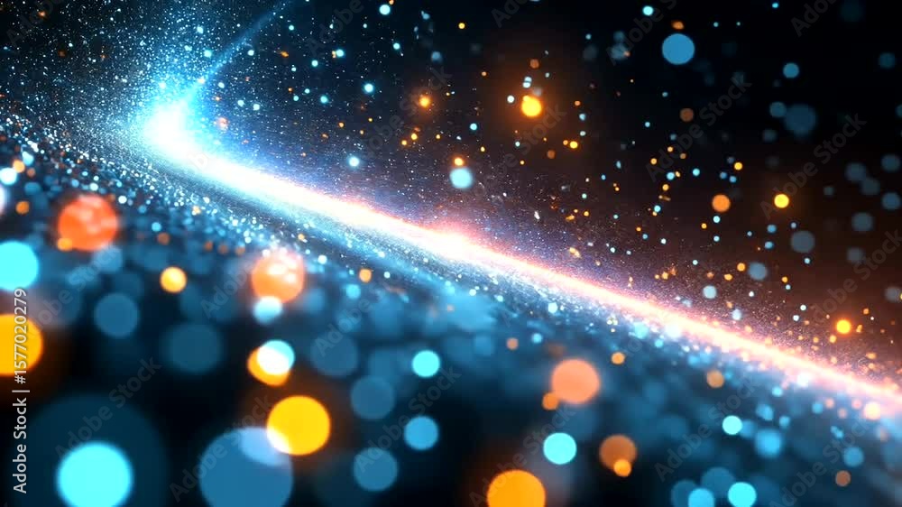 Poster abstract particle stream animation with vibrant blue and orange lights background