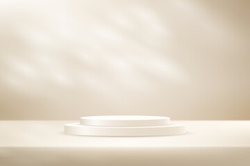 Fototapeta premium Beige background vector 3d with podium. Empty room with shadow leaves. Space for selling products on the website. Vector illustration.