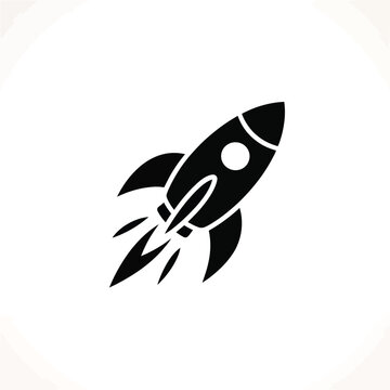 Simple black rocket ship icon with flames and a circular window taking off