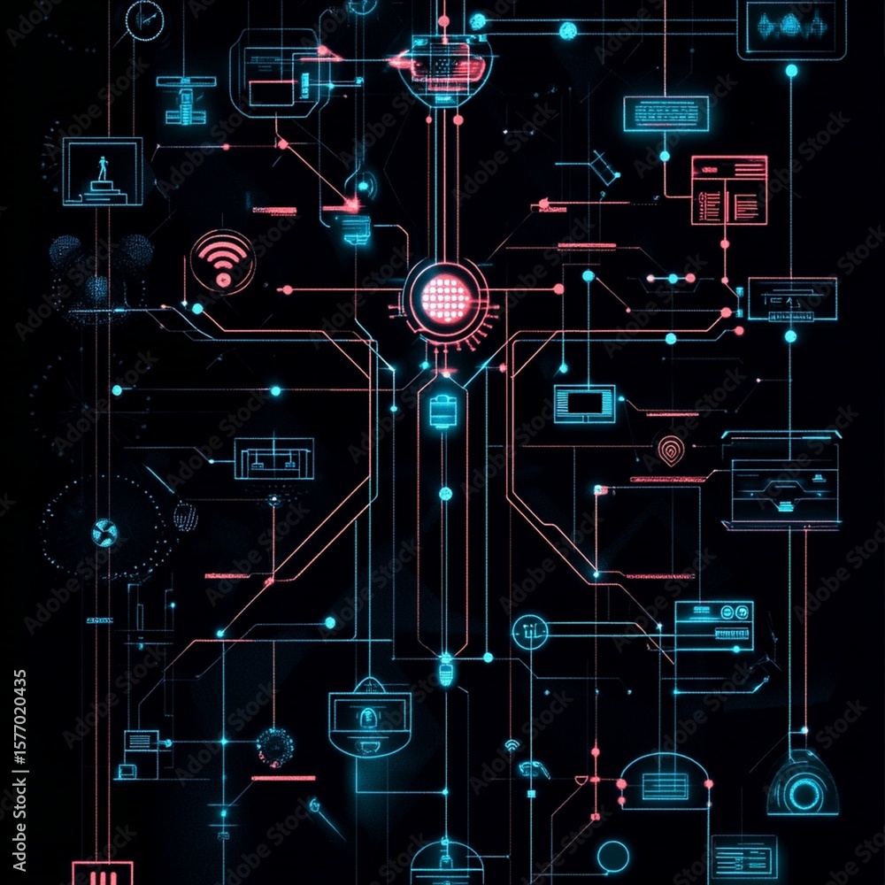 Poster futuristic technological interface evokes themes of connectivity, data processing, and complex digit