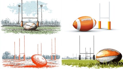 Rugby ball and goalposts graphic composite of field scenes in various styles