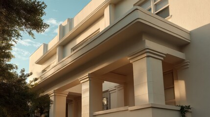 Fototapeta premium Cream-colored minimalist art deco dwelling with recessed columns soft trim lighting cinematic dusk exposure with balanced reflections occlusion