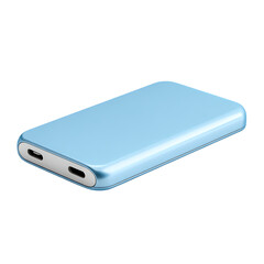 Sleek light blue portable power bank with usb c ports isolated on transparent background