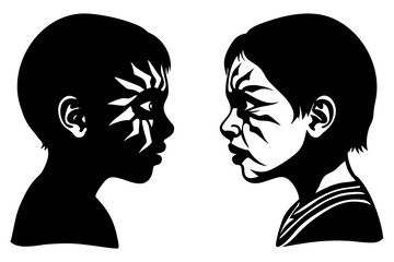 Two Children with Elaborate Face Paint – Black and White Illustration

